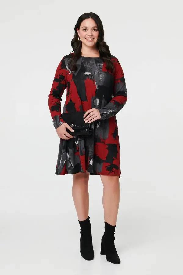 Curve Printed Long Sleeve Short Dress