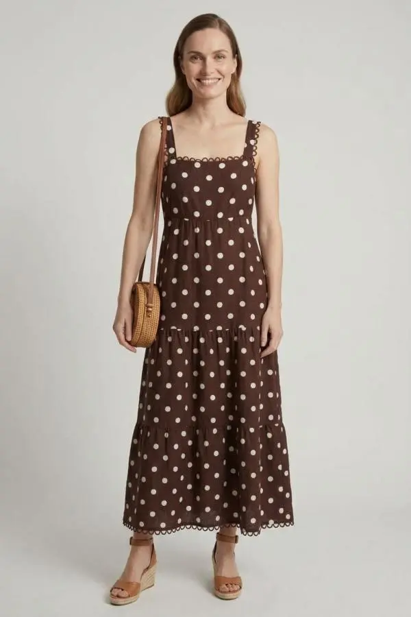 Polka Dot Print Lace Trim Maxi Dress