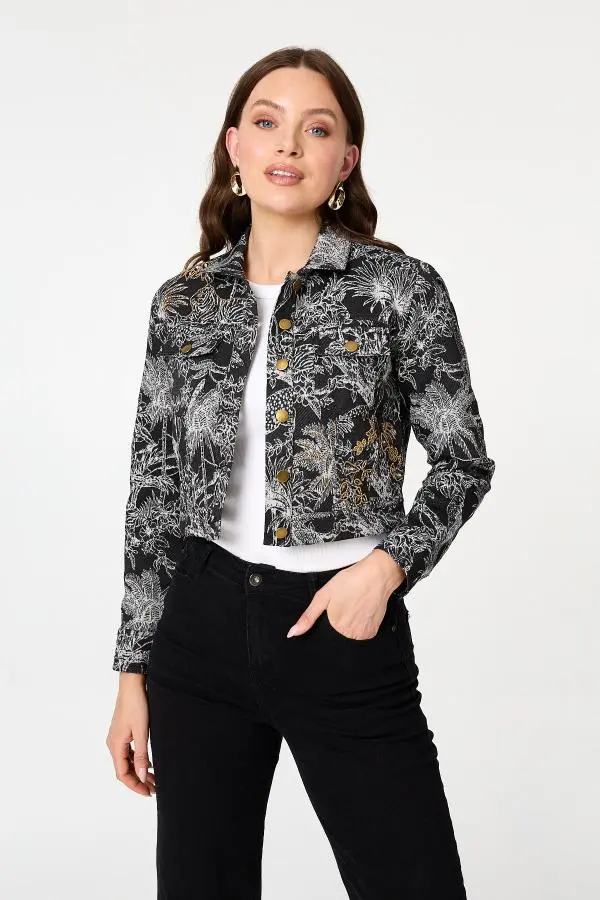 Tropical Print Textured Cropped Jacket