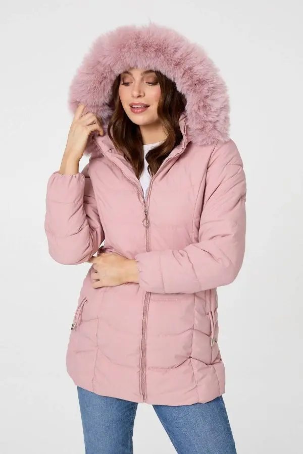 Hooded Faux Fur Trim Zip Puffer Jacket