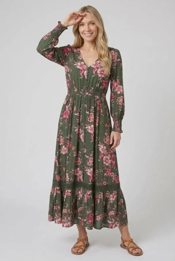 Floral Long Puff Sleeve Maxi Dress