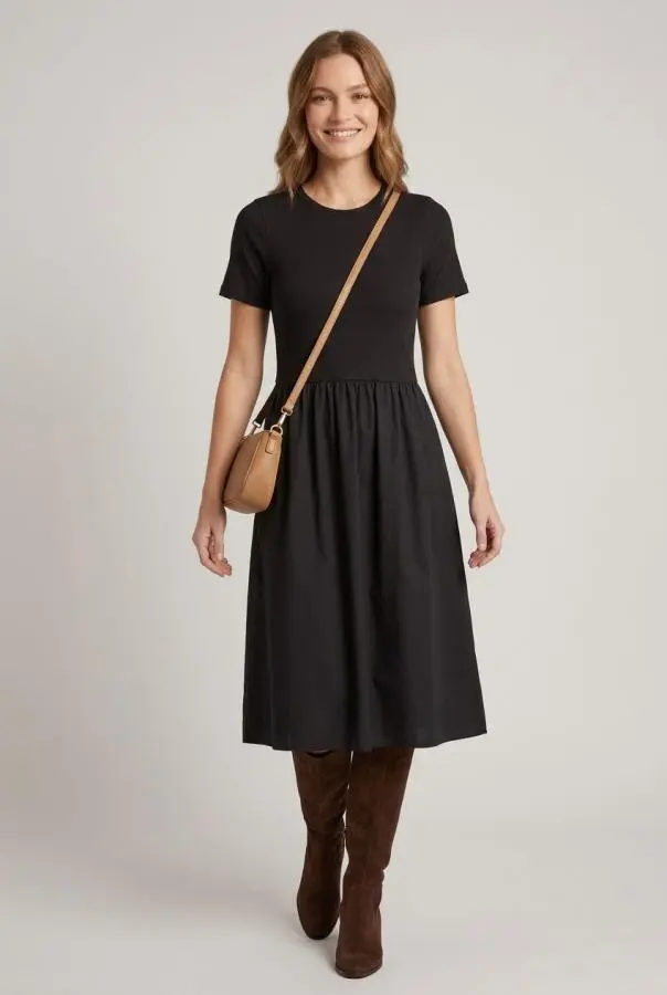Short Sleeve Contrast Texture Midi Dress