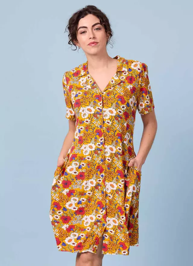 Greta Mustard Floral Print Jersey Tea Dress
