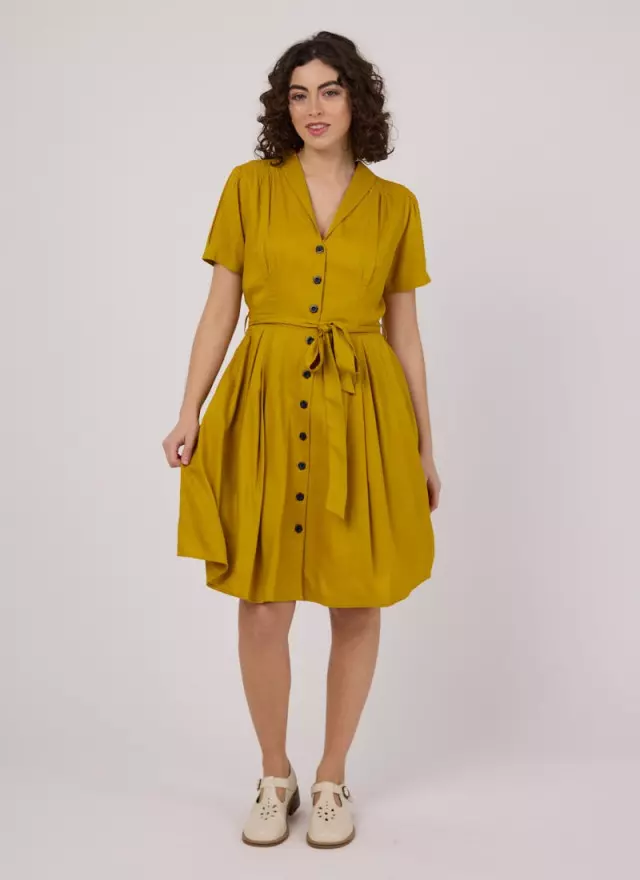 Barb Mustard Yellow Tie Waist Tea Dress
