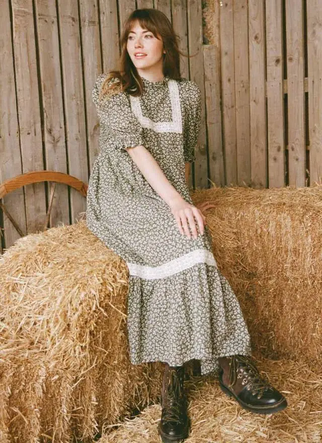 Joanie Clothing Ceri Sage Floral Print Puff Sleeve Prairie Dress 