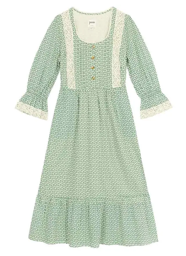 Joanie Clothing Eleri Sage Floral Print Crochet Trim Prairie Dress 