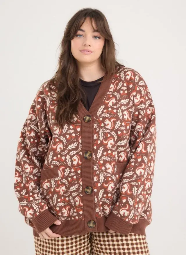Joanie Clothing Oakley Autumnal Squirrel Print Oversized Cardigan 