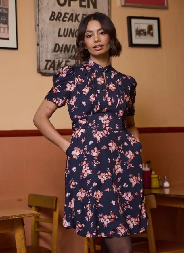 Joanie Clothing Delia Vintage Chintz Floral Print Mini Tea Dress