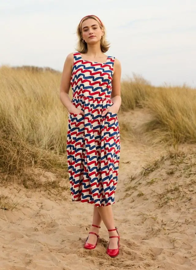 Joanie Clothing Sandy Square Neck Ribbon Stripe Print Midi Dress 