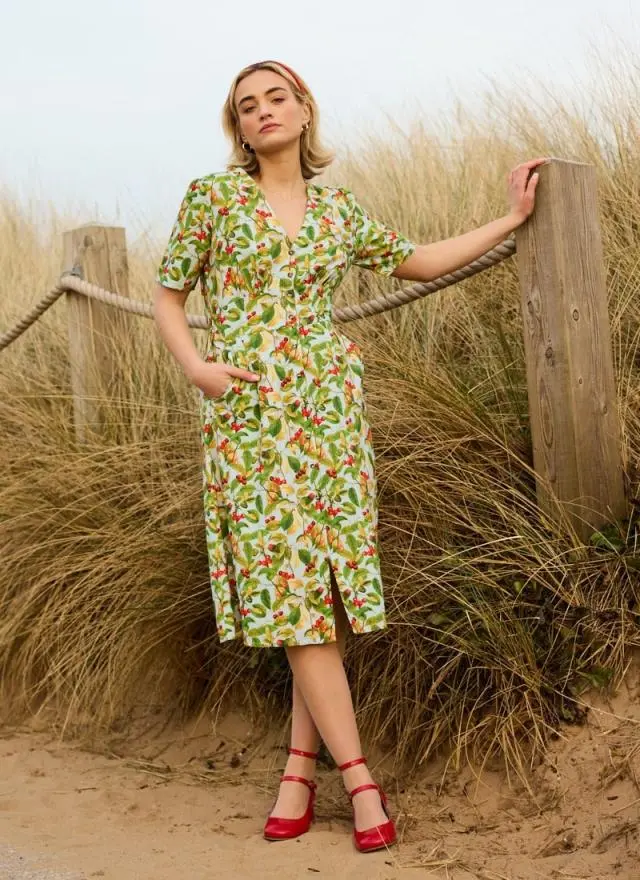Joanie Clothing Manon Cherry Print Button-Through Tea Dress