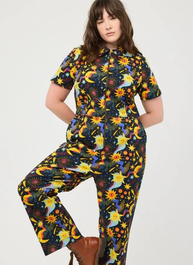 Joanie Clothing Robin Cosmic Sun Print Short Sleeve Boilersuit