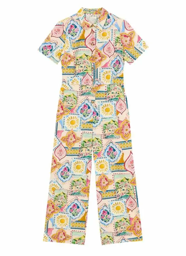 Joanie Clothing Ithaca Postcard Print Short Sleeve Boilersuit