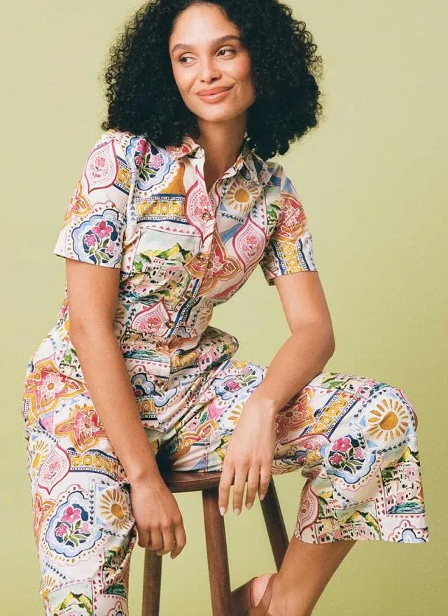 Joanie Clothing Ithaca Postcard Print Short Sleeve Boilersuit