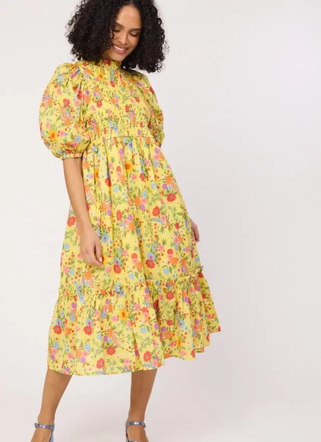 Joanie Clothing Priya Wildflower Print Puff Sleeve Midi Dress