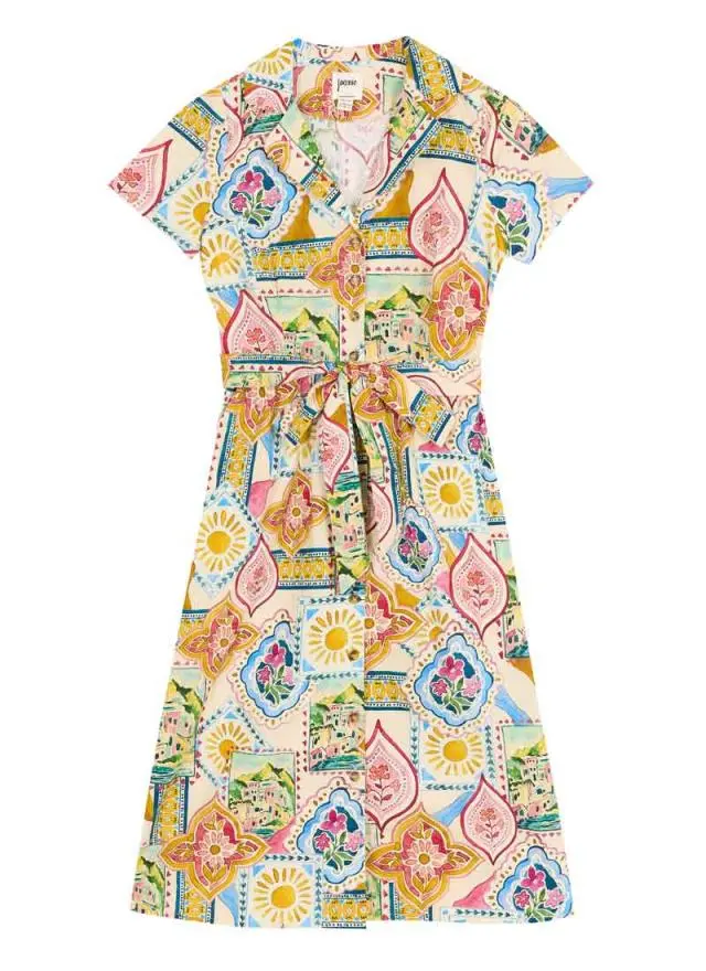 Joanie Clothing Santorini Postcard Print Belted Midi Dress