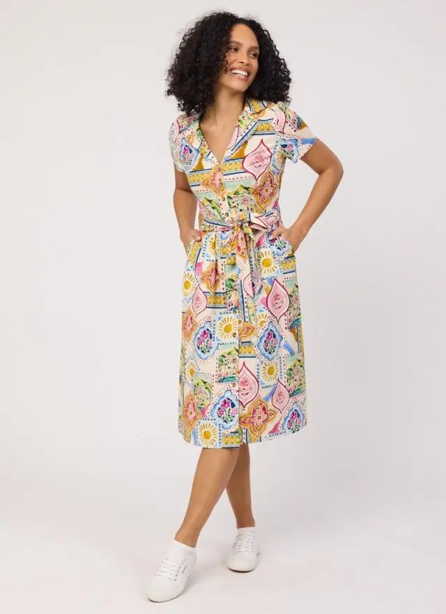 Joanie Clothing Santorini Postcard Print Belted Midi Dress