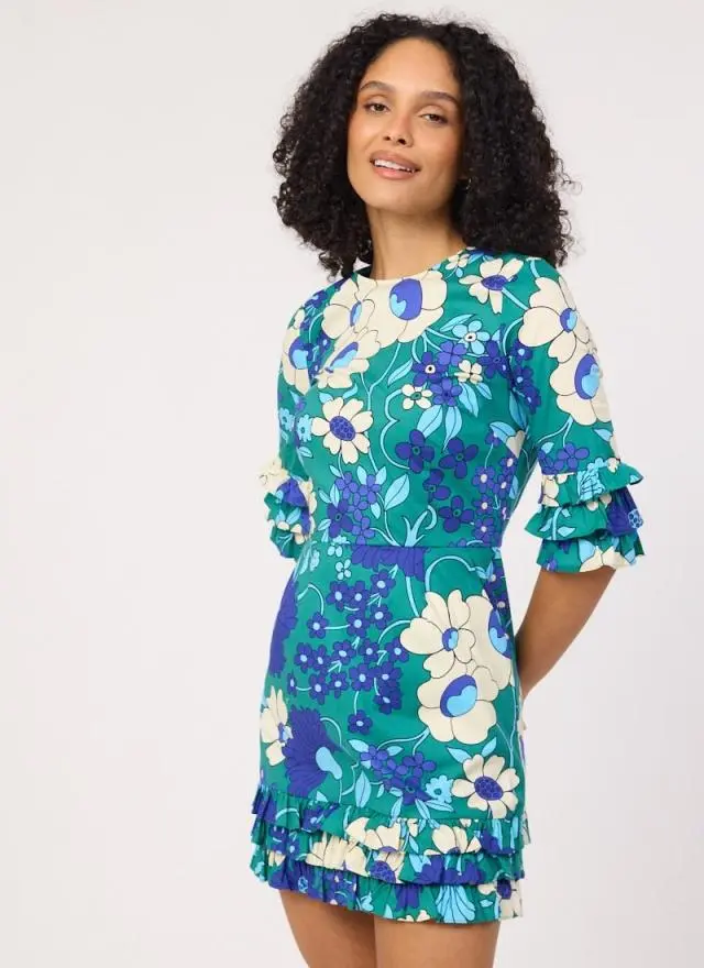 Joanie Clothing Katy Blue Floral Print Ruffle Sleeve Mini Dress