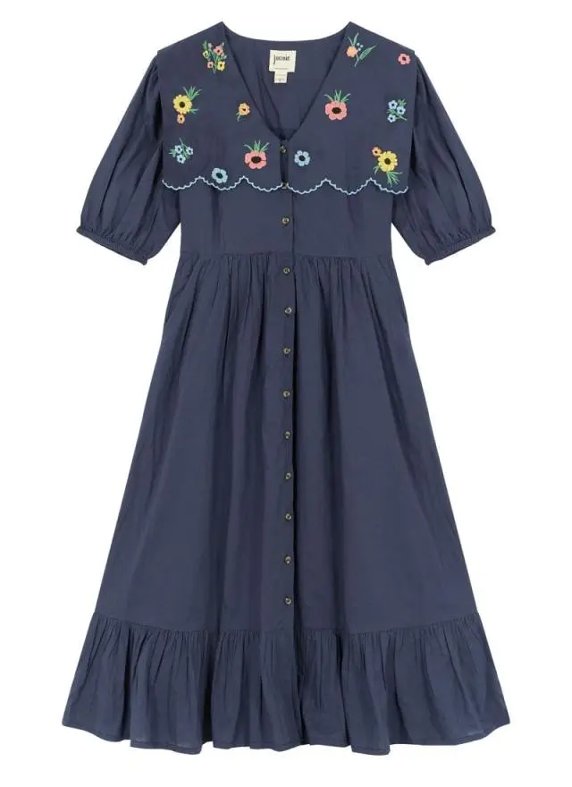 Joanie Clothing Sailor Embroidered Puff Sleeve Midi Dress