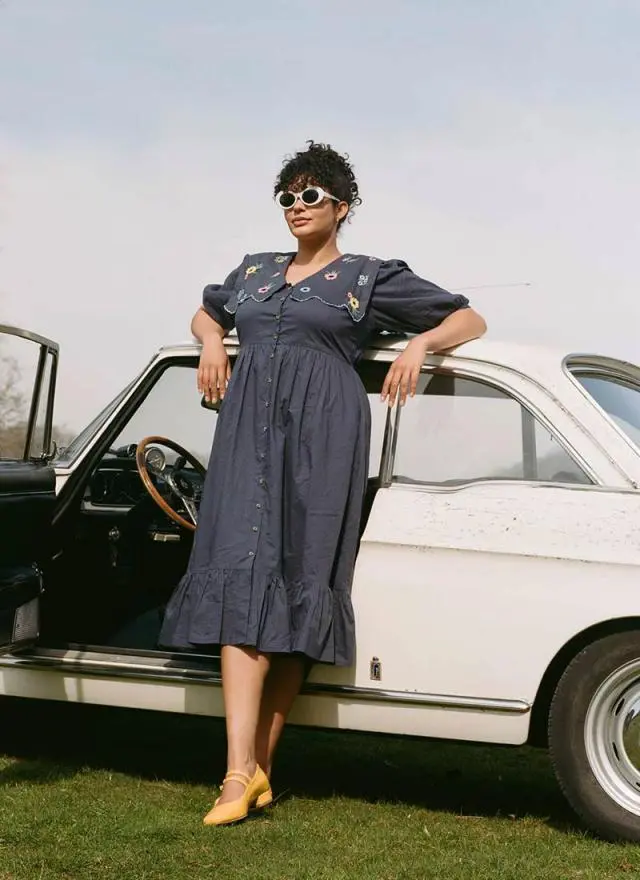Joanie Clothing Sailor Embroidered Puff Sleeve Midi Dress