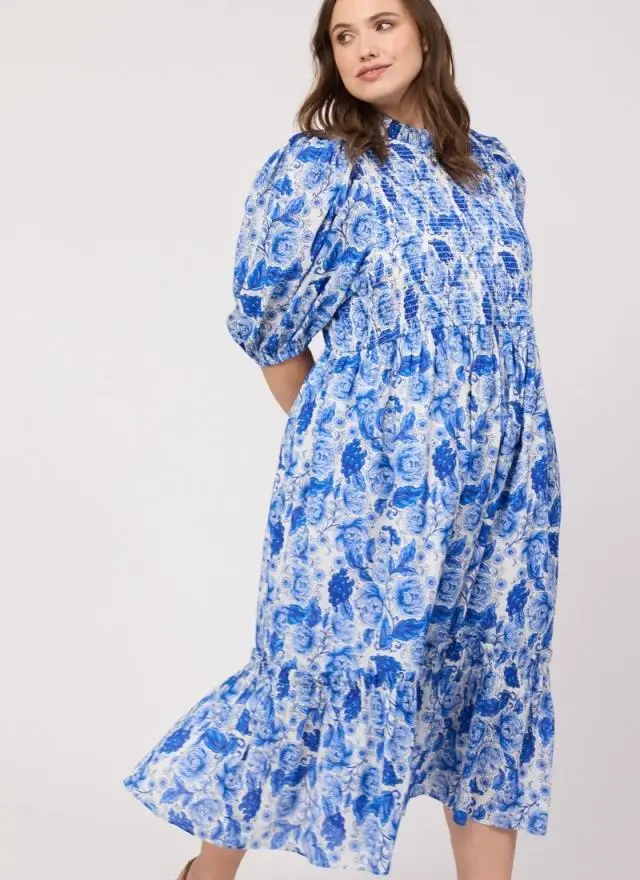 Joanie Clothing Priya Blue Floral Print Puff Sleeve Midi Dress