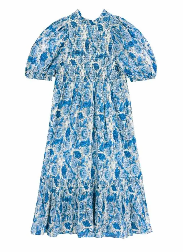 Joanie Clothing Priya Blue Floral Print Puff Sleeve Midi Dress