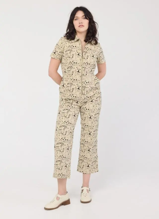 Joanie Clothing Robin Cat Print Short Sleeve Boilersuit