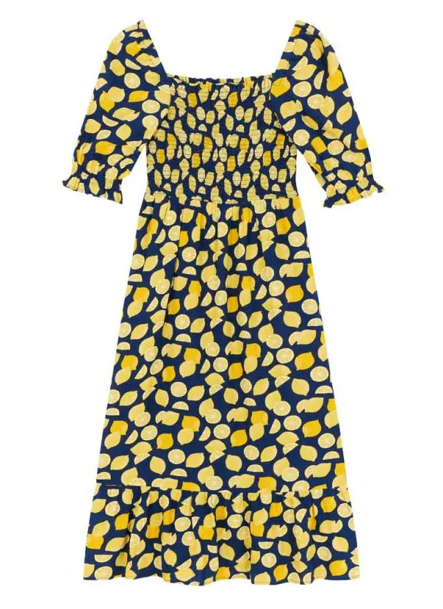 Joanie Clothing Cinna Lemon Print Square Neck Midi Dress