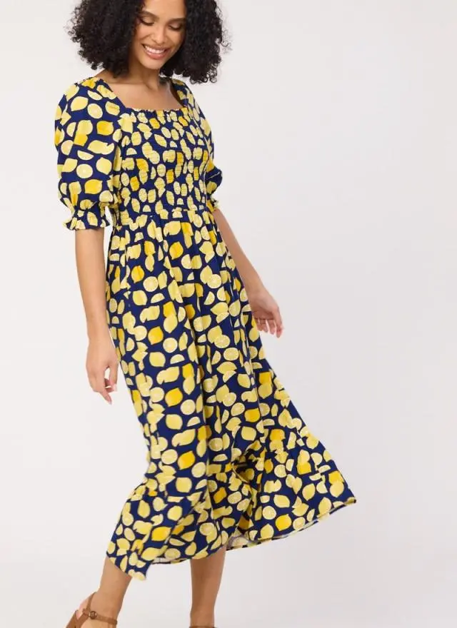 Joanie Clothing Cinna Lemon Print Square Neck Midi Dress
