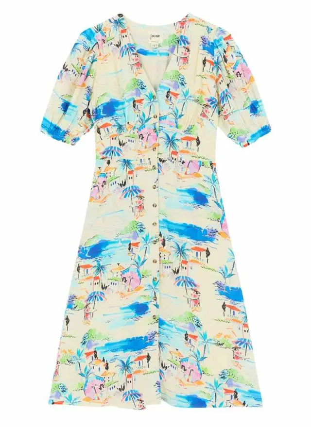 Joanie Clothing Rebecca Riviera Print Puff Sleeve Midi Dress