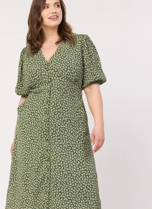 Joanie Clothing Rebecca Sage Floral Print Puff Sleeve Midi Dress