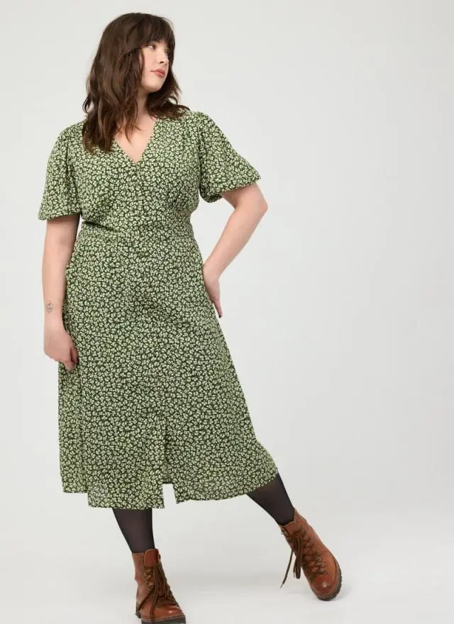 Joanie Clothing Rebecca Sage Floral Print Puff Sleeve Midi Dress