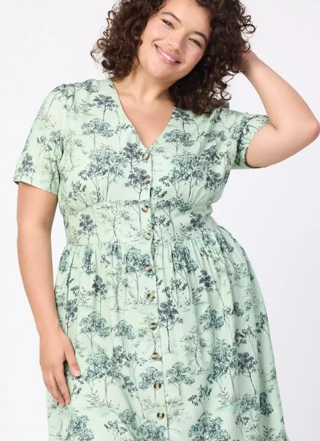 Joanie Clothing Natalie Tree Print Button-Down Tea Dress