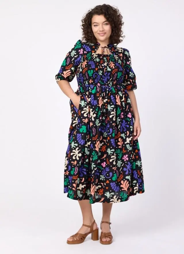 Joanie Clothing Jesse Modern Art Cut Out Print Tie Neck Midi Dress