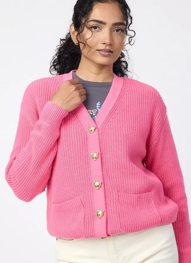 Joanie Clothing Piper Leopard Button Chunky Knitted Cardigan