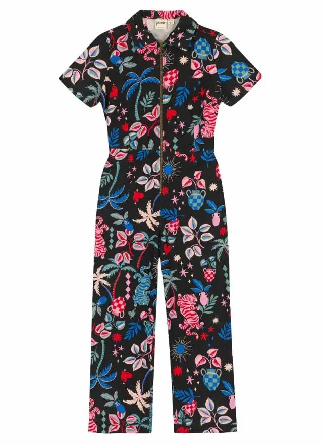Joanie Clothing Robin Tropical Tiger Print Short Sleeve Boilersuit