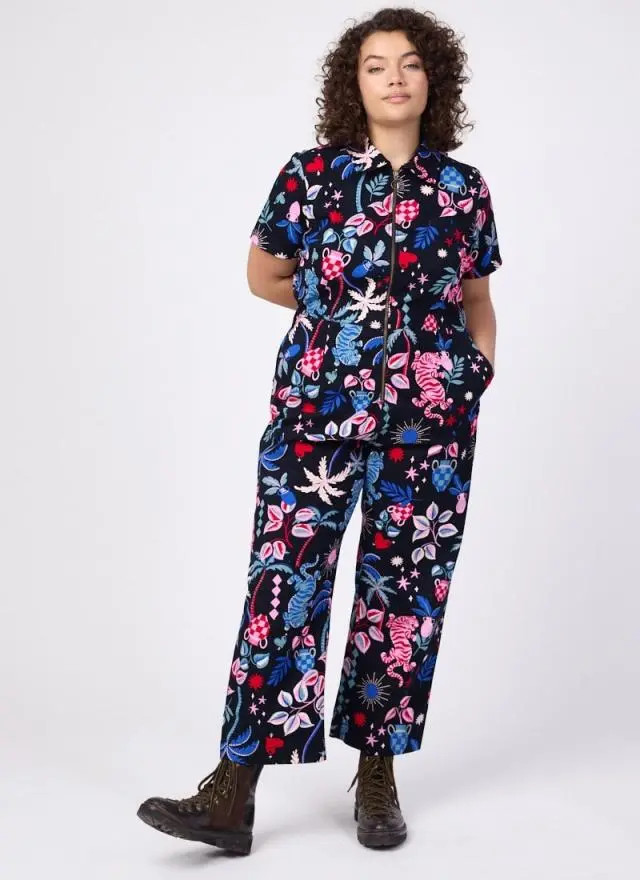 Joanie Clothing Robin Tropical Tiger Print Short Sleeve Boilersuit