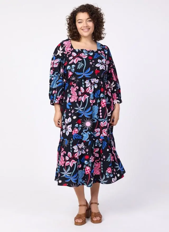 Joanie Clothing Candi Tropical Tiger Print Square Neck Midi Dress
