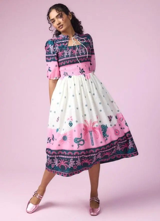 Joanie Clothing Jesse Palm Tree Print Tie Neck Midi Dress