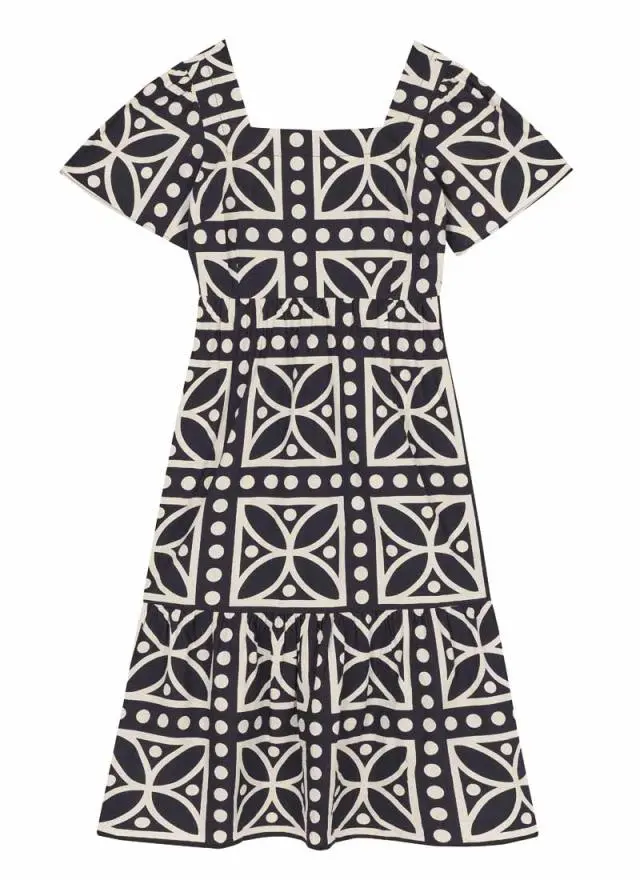 Joanie Clothing Georgia Monochrome Tile Print Square Neck Dress