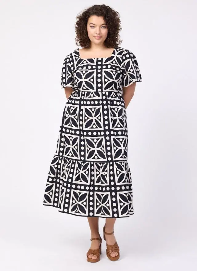 Joanie Clothing Georgia Monochrome Tile Print Square Neck Dress