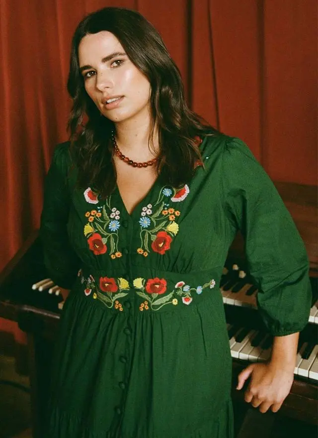 Joanie Clothing Catalina Green Vintage Floral Embroidered Dress