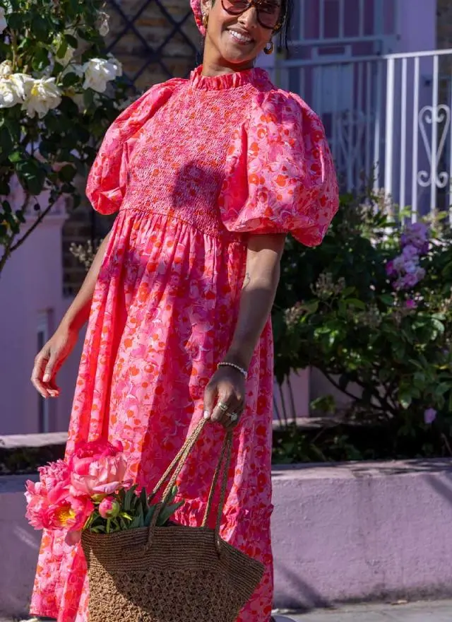 Zeena X Joanie - Priya Pink Heart Marble Print Puff Sleeve Midi Dress