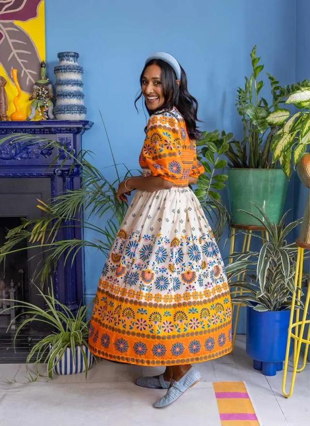 Joanie Clothing Zeena X Joanie - Jesse Orange Geometric Print Tie Neck Midi Dress