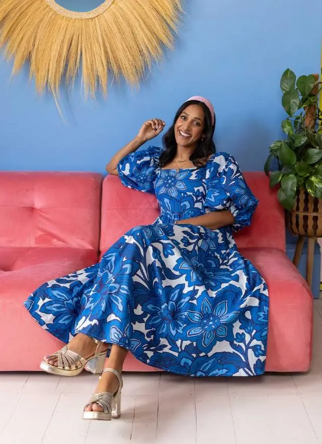 Joanie Clothing Zeena X Joanie - Emma Blue Floral Print Puff Sleeve Midaxi Dress