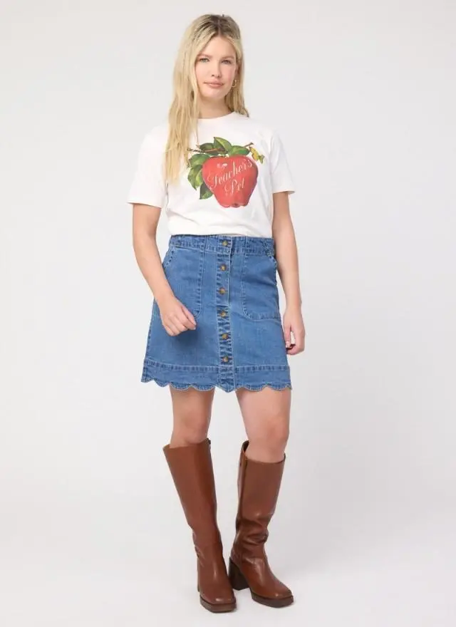 Joanie Clothing Sarah Scallop Hem A-Line Denim Mini Skirt