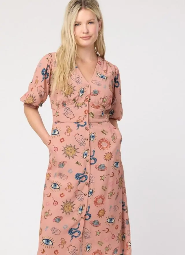 Joanie Clothing Rebecca Mystical Print Puff Sleeve Midi Dress