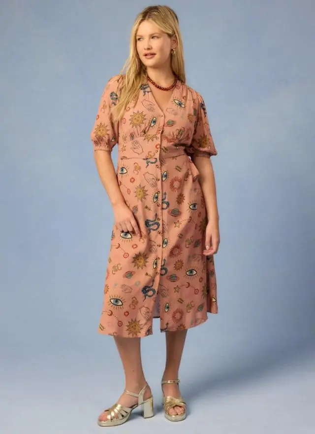 Joanie Clothing Rebecca Mystical Print Puff Sleeve Midi Dress