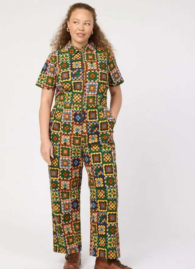 Joanie Clothing Robin Granny Squares Print Short Sleeve Boilersuit