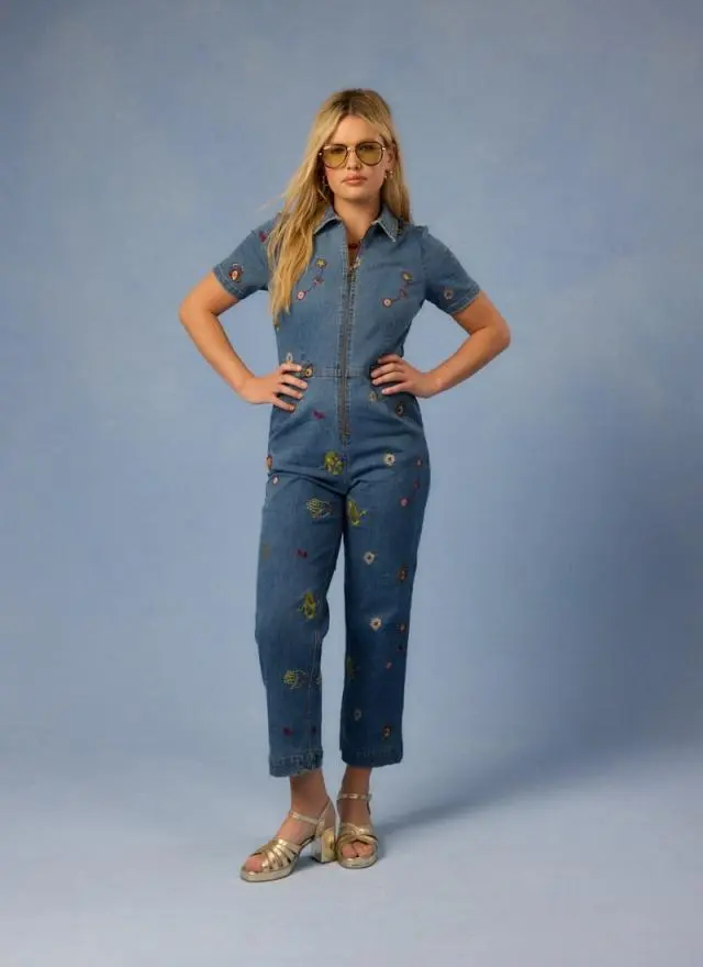 Joanie Clothing Robin Embroidered Denim Short Sleeve Boilersuit