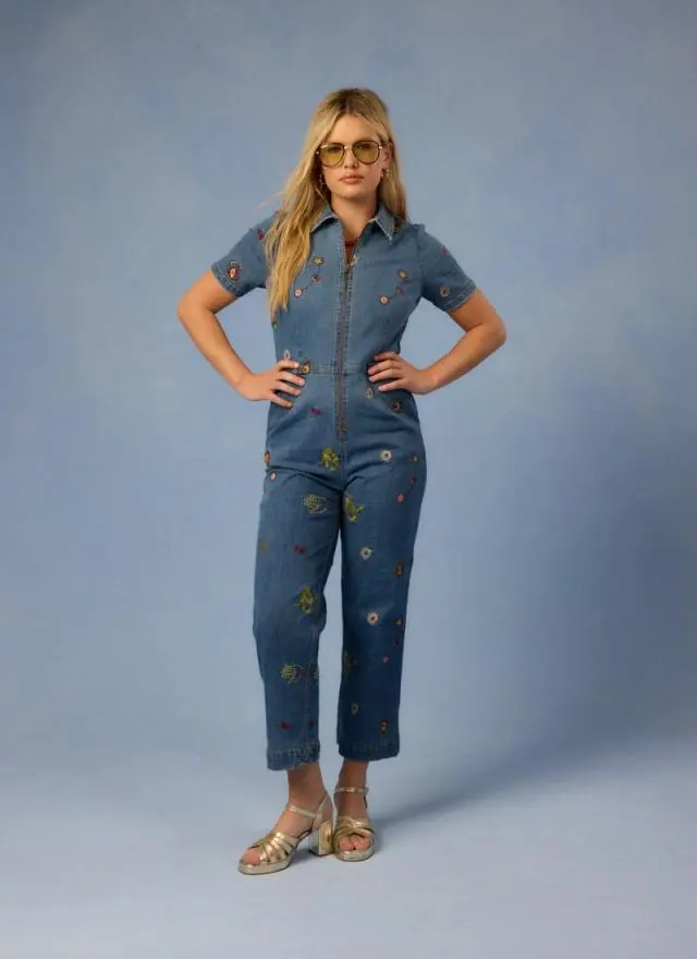 Joanie Clothing Robin Embroidered Denim Short Sleeve Boilersuit